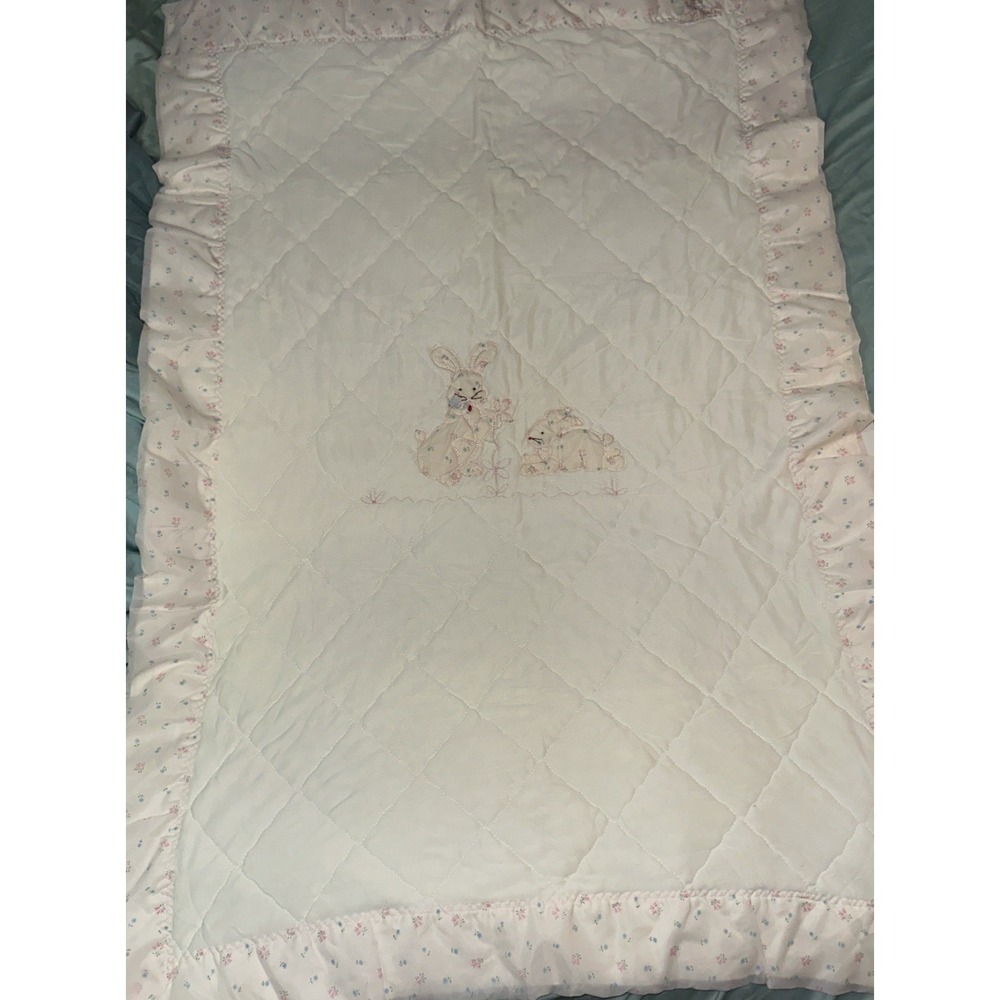 Vintage Quiltex Acrylic Satin Trim Baby‎ Blanket Bunnies Pink Blue Gift 34 x 44